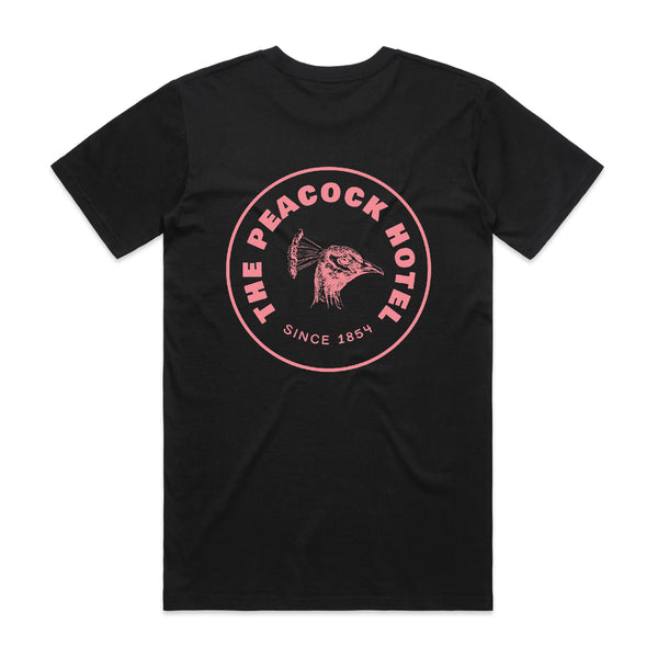 The Peacock Inn - Black T-Shirt with pink palm image