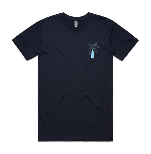 The Peacock Inn - Navy T-Shirt with blue palm image