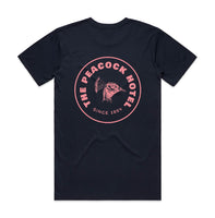 The Peacock Inn - Navy T-Shirt with pink palm image