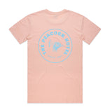 The Peacock Inn - Pink T-Shirt with blue palm image