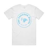 The Peacock Inn - White T-Shirt with blue palm image